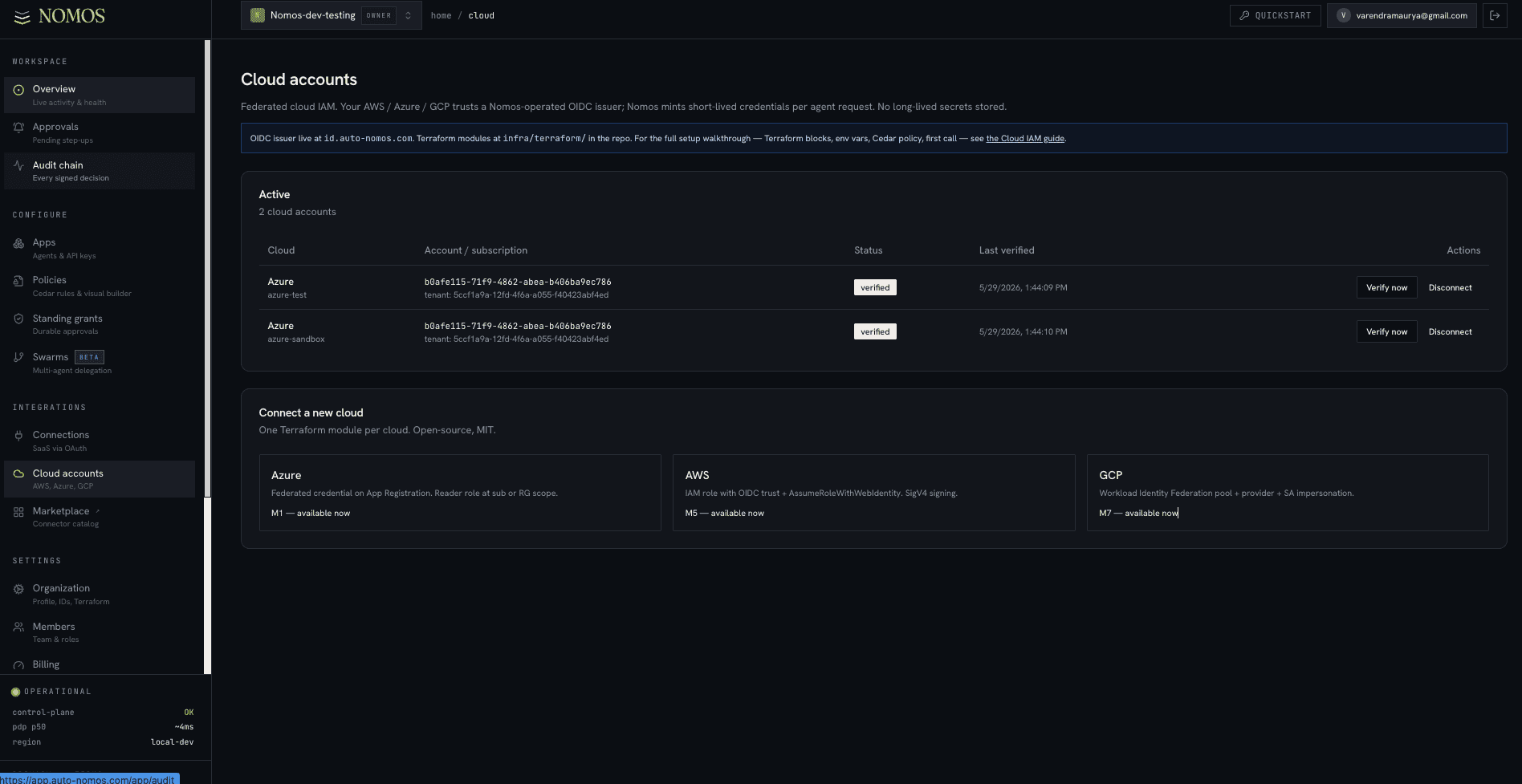 Cloud accounts page with Active federated accounts (verify-now / disconnect) and Connect-a-new-cloud Azure/AWS/GCP cards
