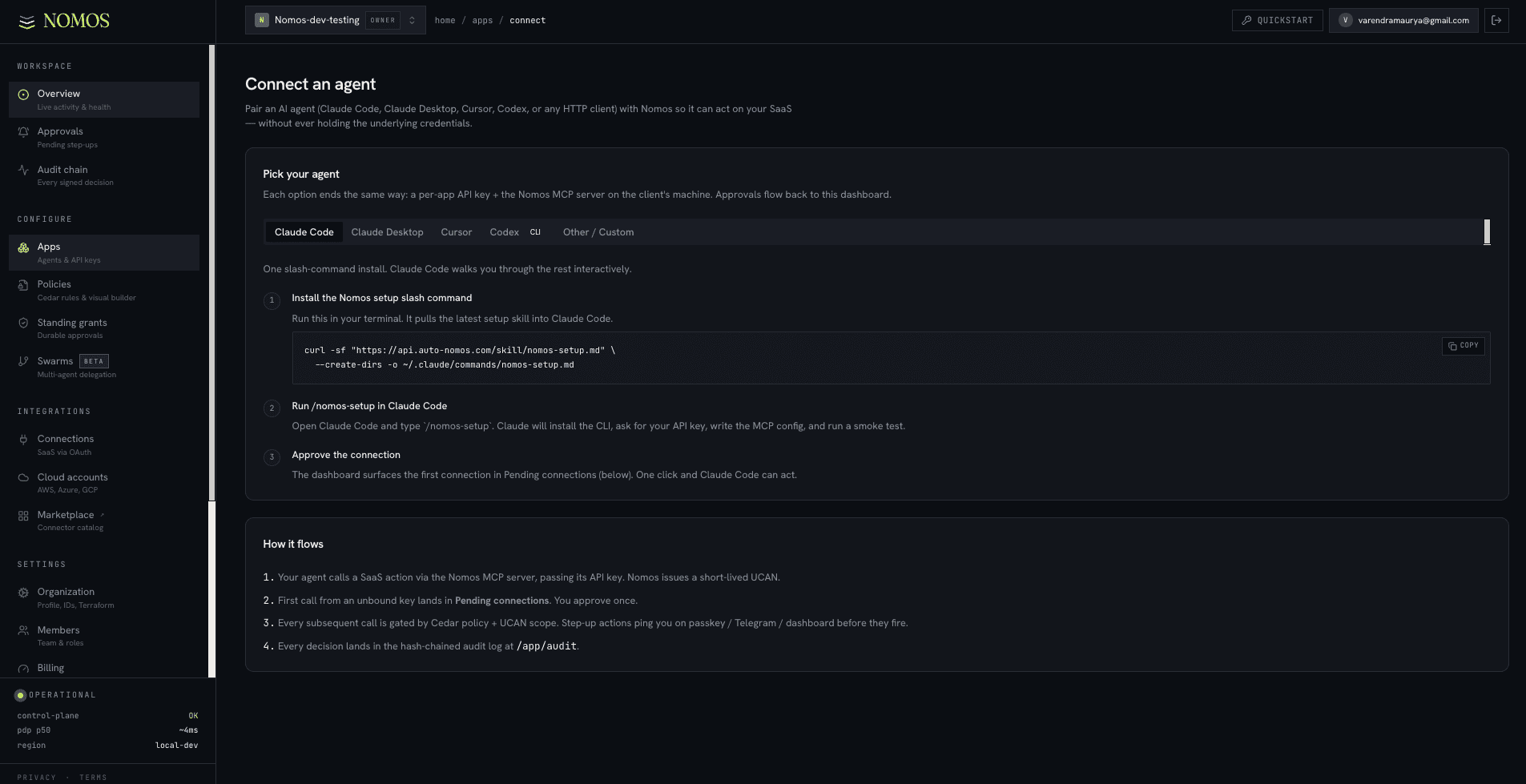 Connect an agent page, Claude Code tab, with setup-skill install + run + approve steps