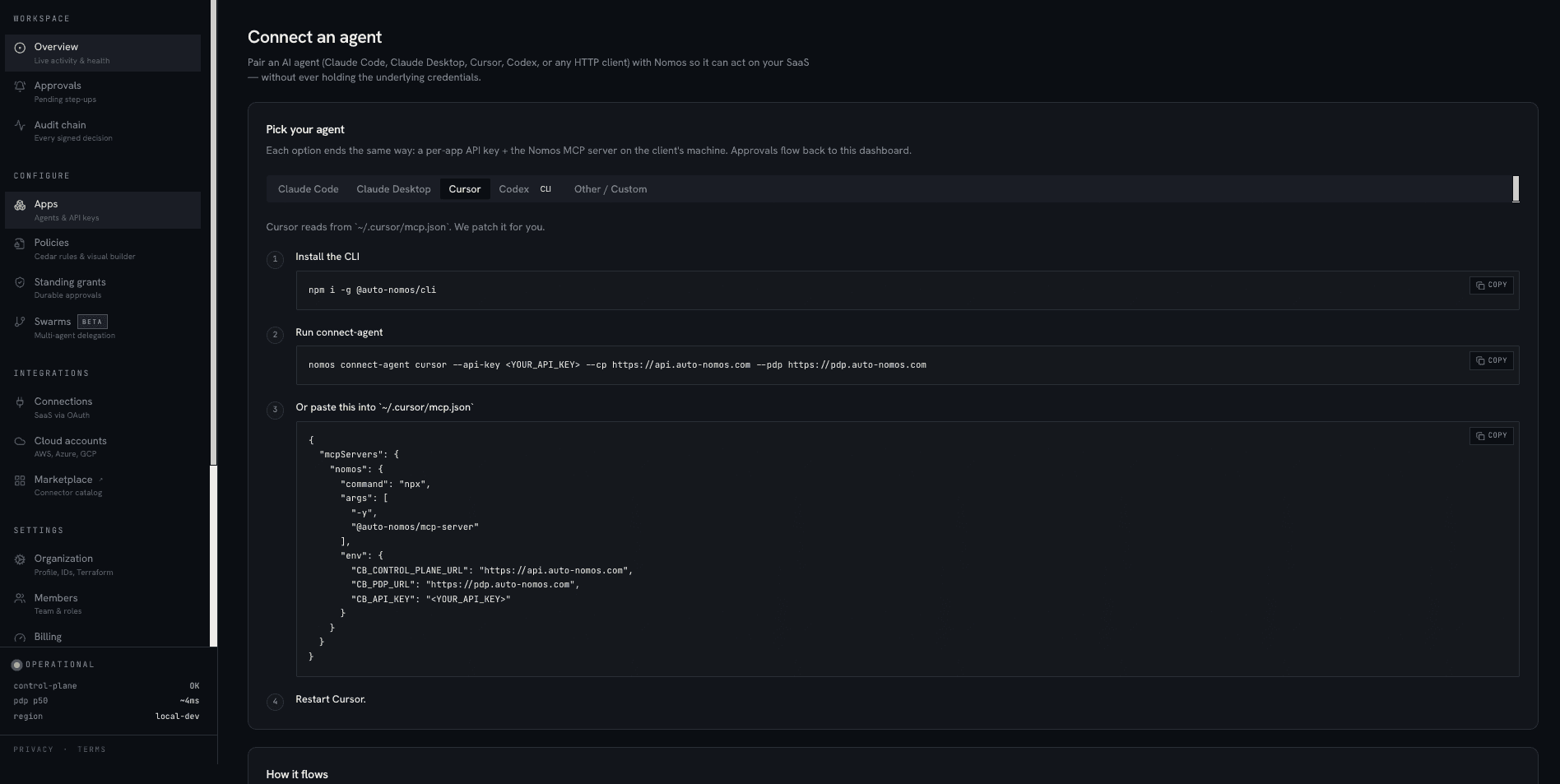 Connect an agent page, Cursor tab, with CLI connect and ~/.cursor/mcp.json paste options