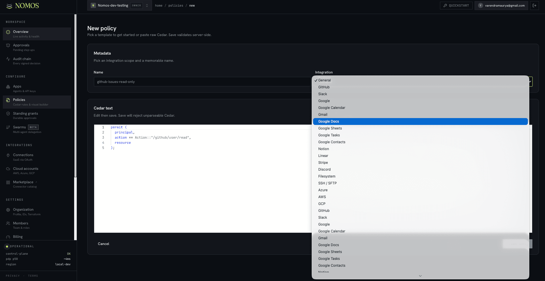 New policy page with Name field, Cedar editor, and the Integration provider dropdown open