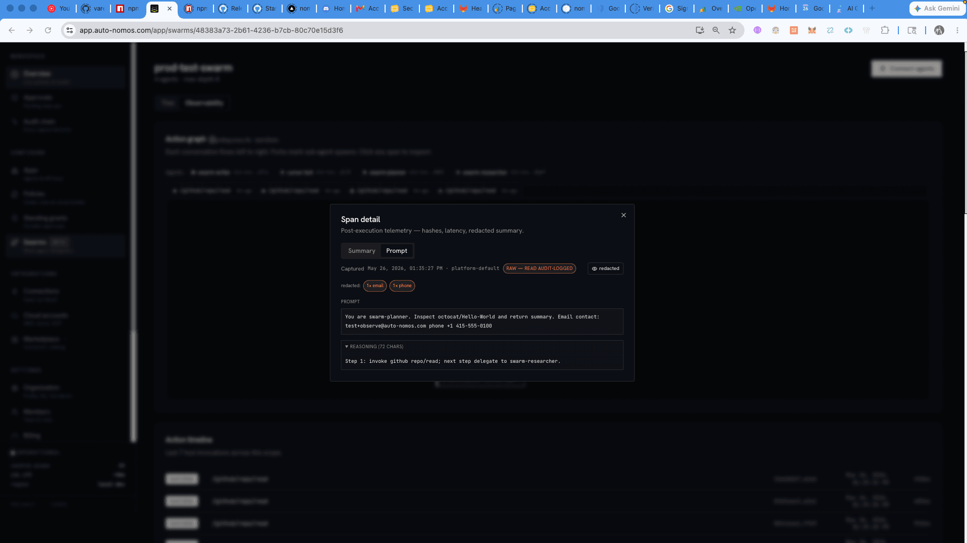 Span detail Prompt tab after Show raw, with the RAW — READ AUDIT-LOGGED badge and the original email + phone visible