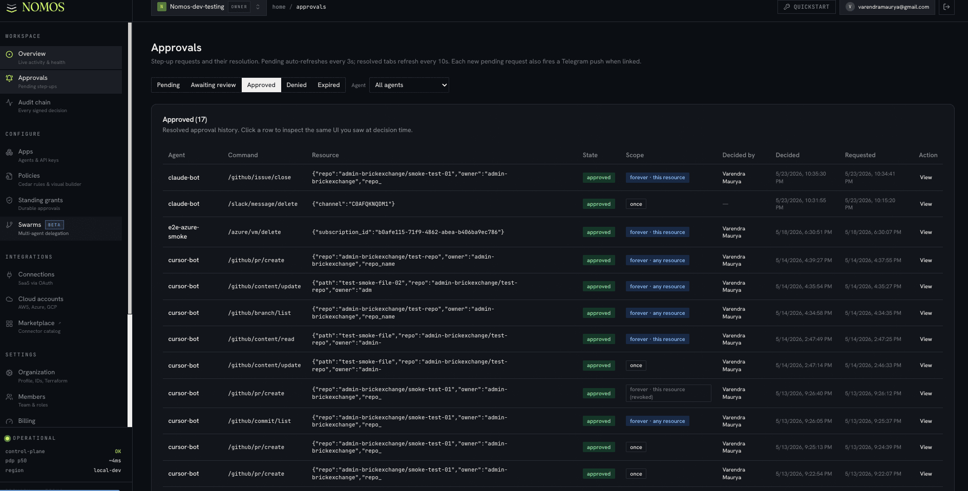 Approvals queue with Pending/Approved/Denied tabs and agent/command/resource/state columns